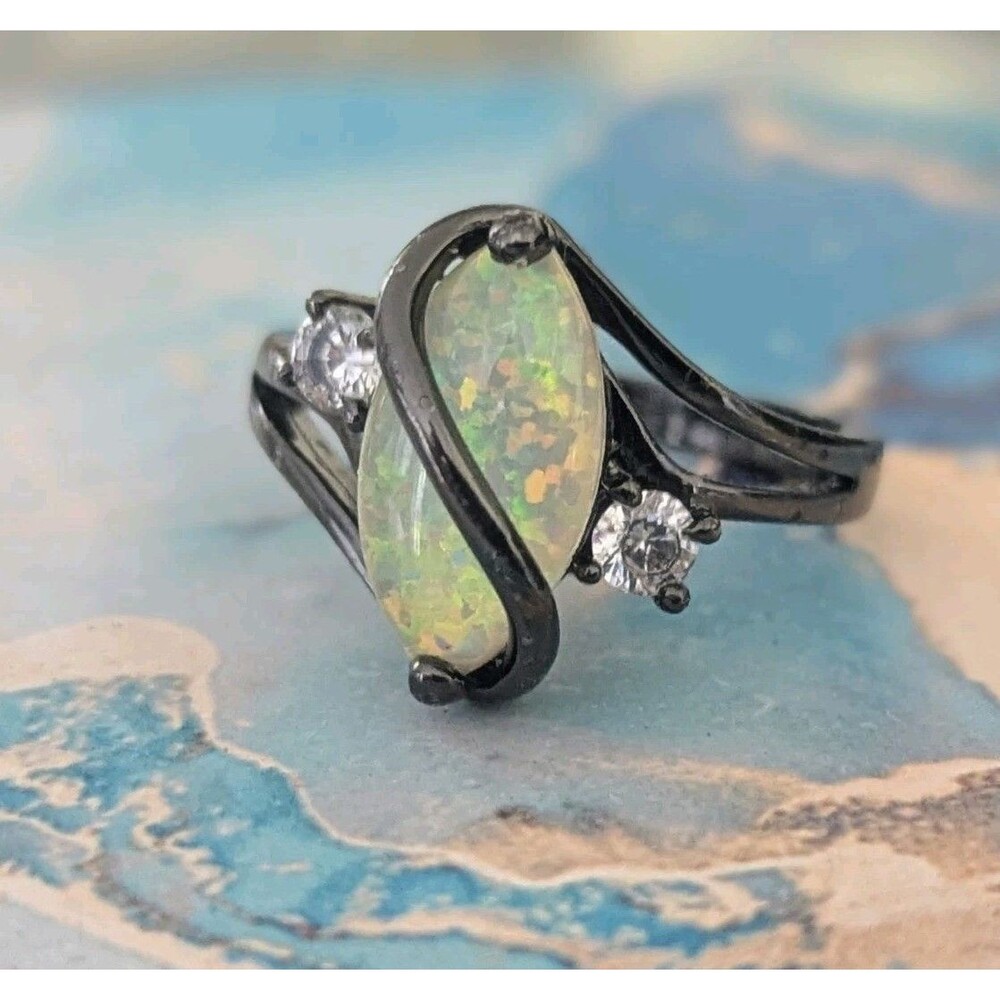 Black Opal-Effect Double Teardrop Ring with Clear Accent Stones